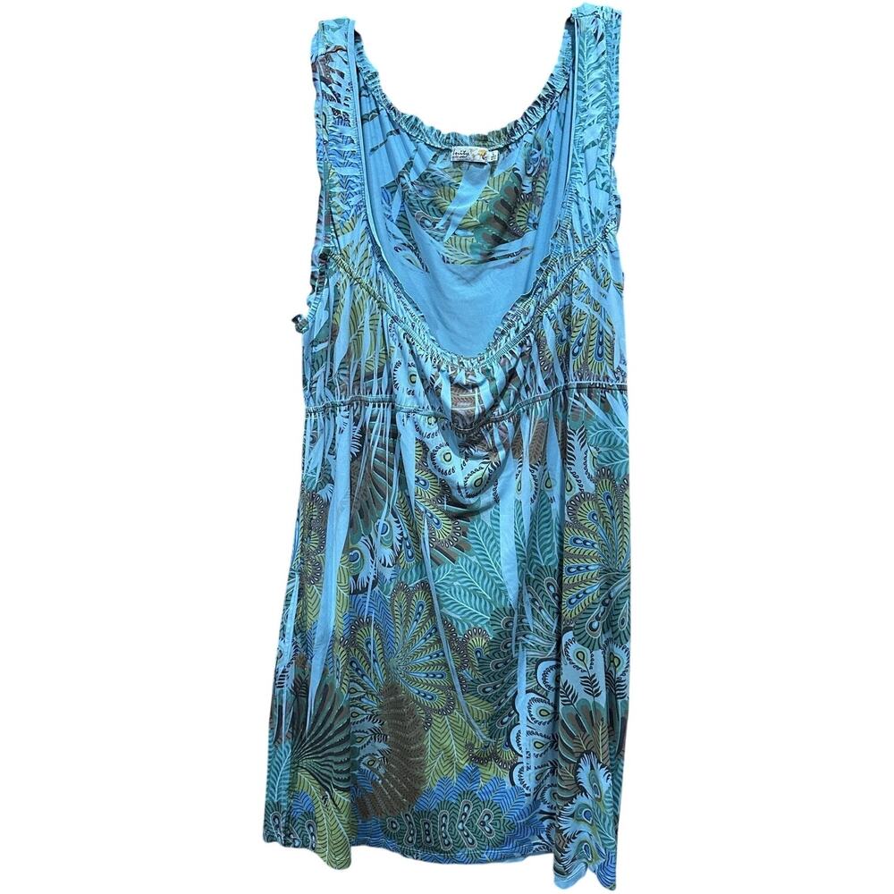 Unity World Wear Dress Size L Blue Green Sleeveless Boho Peacock Print Artsy